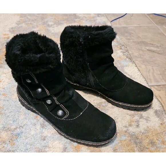 BareTraps Blaire Black Suede Leather Faux Fur Zip Ankle Snow Boot 9M Warm EUC - Picture 1 of 7